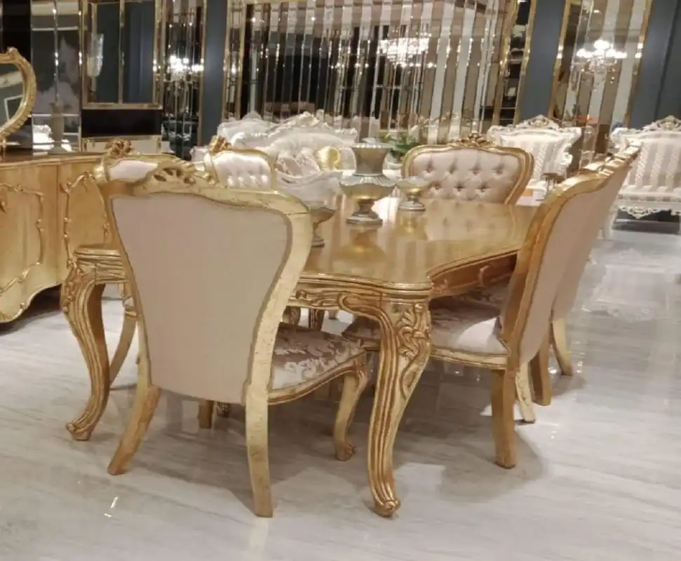 Markenprodukt Casa Padrino set da sala da pranzo barocco di lusso rosa / oro - 1 Tavolo da Pranzo Barocco e 6 Sedie da Pranzo Barocco con Motivo Elegante - Mobili per sala da pranzo barocco