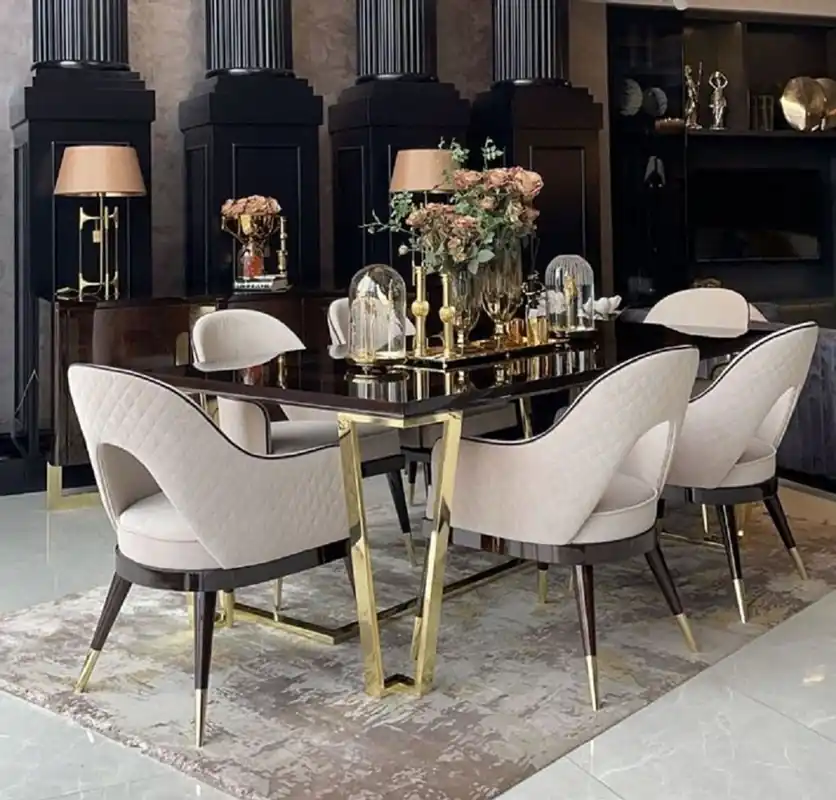 Casa Padrino set di 6 sedie da pranzo Art Déco di lusso beige / marrone scuro / oro 58 x 65 x A. 90 cm - Mobili da Pranzo e Ristorante Art Déco - Qualità di Lusso Bestpreis