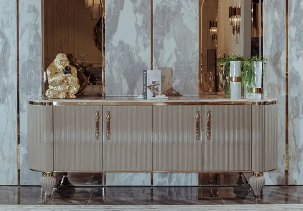 Casa Padrino armadio del soggiorno Art Déco di lusso grigio / bianco / oro 235 x 54 x A. 90 cm - Armadio nobile in legno massello con 4 ante e piano in marmo artificiale - Mobili Art Déco Highlight
