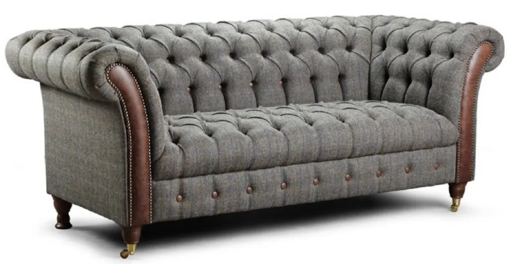 Billig Casa Padrino divano 2 posti Chesterfield di lusso grigio / marrone scuro 200 x 95 x A. 85 cm - Divano soggiorno con vera pelle - Mobili da Soggiorno Chesterfield