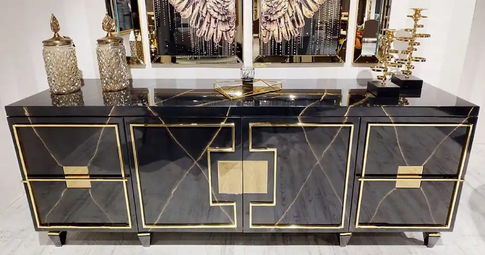 Casa Padrino armadio del soggiorno Art Deco di lusso nero / oro - Armadio nobile in legno massello con 4 ante - Mobili per Soggiorno e Hotel Art Deco di Lusso Nur Heute