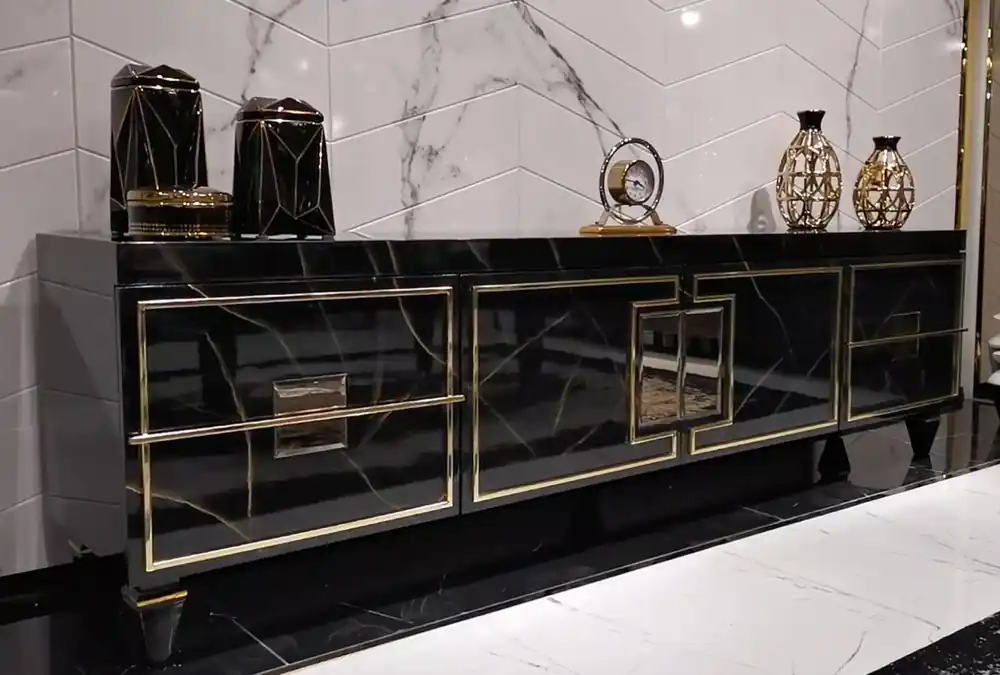 Preiswert Casa Padrino armadio TV Art Déco di lusso nero / oro - Credenza fatto a mano in legno massello - Mobili da Soggiorno e Hotel Art Déco di Lusso