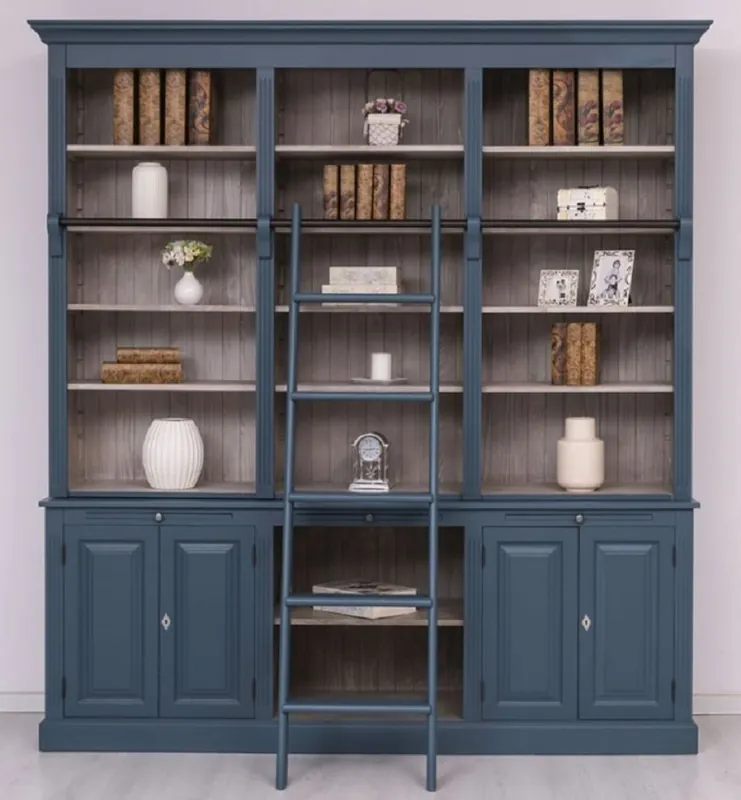 Casa Padrino armadio per libri in stile country con scaletta blu / grigio 229 x 51 x A. 244 cm - Armadio in legno massello - Armadio da soggiorno - Armadio da ufficio - Mobili in stile country Beliebt