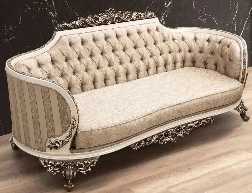 Casa Padrino divano barocco di lusso beige / crema / marrone / oro - Magnifico divano da soggiorno con motivo elegante - Mobili da soggiorno in stile barocco Sichere Zahlung