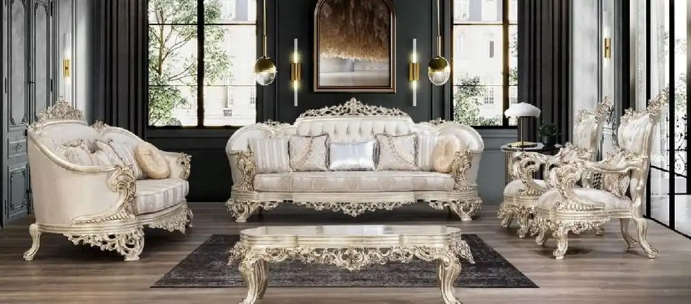 Begrenztes Angebot Casa Padrino set da soggiorno barocco di lusso crema / beige / oro antico - 2 Divani e 2 Poltrone e 1 Tavolo da Salotto - Mobili da soggiorno barocco fatto a mano - Nobile e Magnifico