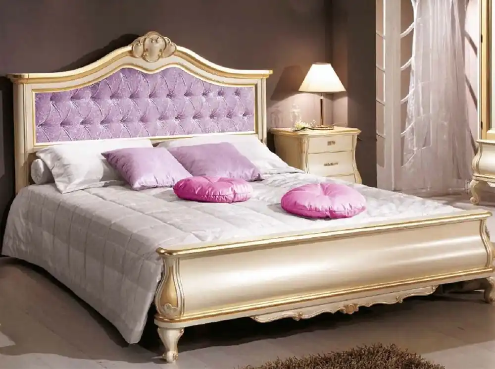 Casa Padrino letto matrimoniale barocco di lusso viola / crema / oro - Magnifico letto in legno massello in stile barocco - Mobili per Camera da Letto e per Hotel Barocchi - Fatto in Italia Nur Für Kurze Zeit