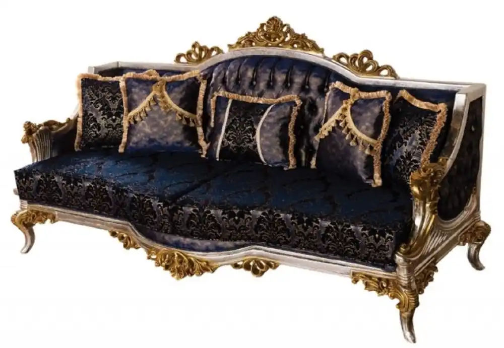 Jetzt Bestellen Casa Padrino divano barocco di lusso blu reale / nero / argento / oro - Magnifico divano da soggiorno con motivo elegante - Mobili da soggiorno barocchi