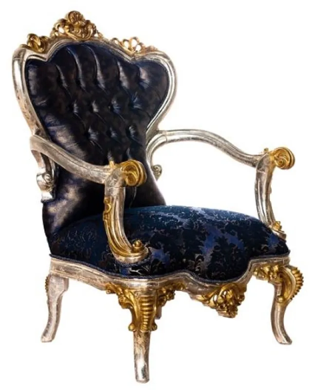 Direktkauf Casa Padrino poltrona da soggiorno barocco di lusso blu reale / nero / argento / oro - Magnifico poltrona con motivo elegante - Mobili da soggiorno barocchi fatto a mano