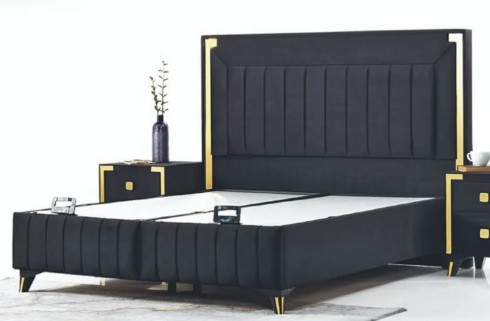 Casa Padrino letto matrimoniale di lusso nero / oro giallo - Letto moderno in legno massello - Mobili per Camera da Letto e Hotel Moderna - Collezione di Lusso Finale Aktion