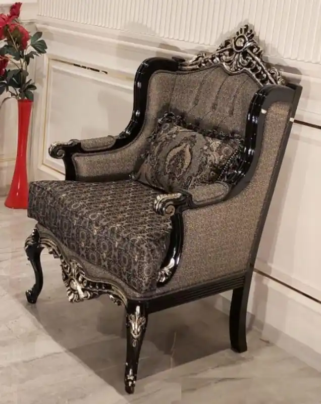 Direktkauf Casa Padrino poltrona da soggiorno barocco di lusso grigio / nero / oro - Magnifico poltrona con motivo elegante - Mobili da soggiorno barocchi fatto a mano