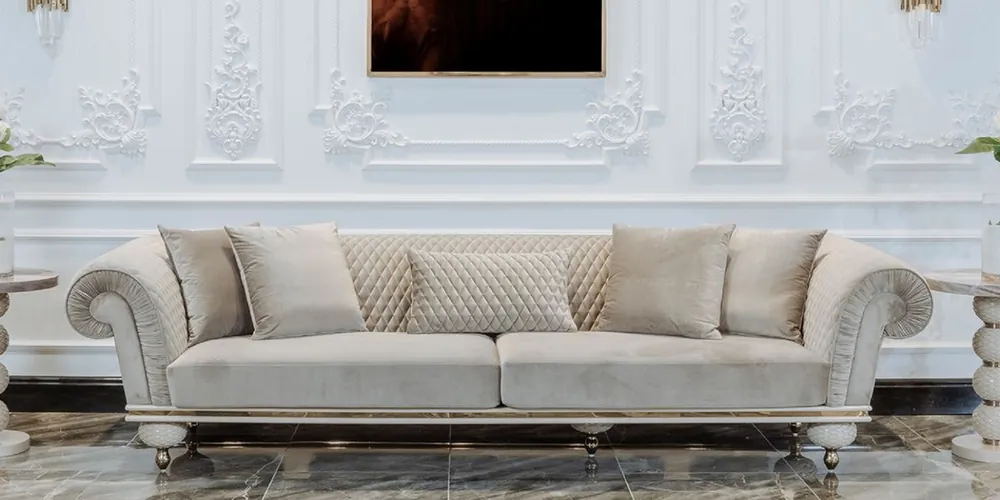 Direkt Vom Hersteller Casa Padrino Divano a 3 Posti Art Deco di Lusso Grigio / Oro - Divano da Soggiorno - Divano da Hotel - Mobili da Soggiorno e Hotel Art Deco di Lusso - Qualità di Lusso