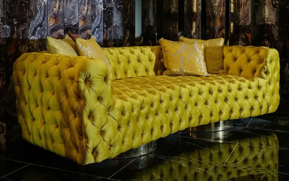 Casa Padrino divano Chesterfield di lusso giallo / argento 270 x 98 x A. 78 cm - Divano da soggiorno moderno - Mobili da Soggiorno Chesterfield - Collezione di Lusso Neu