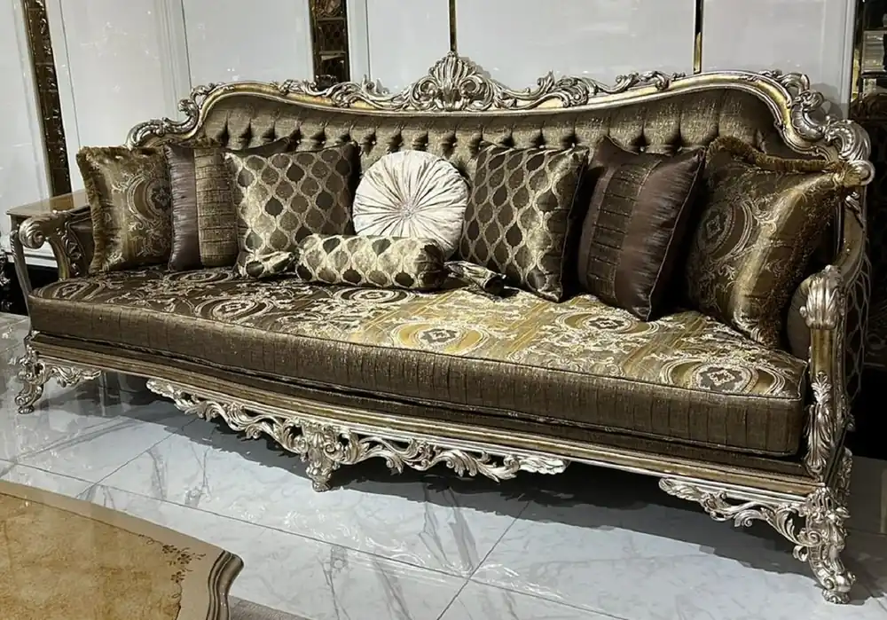 Direkt Vom Hersteller Casa Padrino divano barocco di lusso oro / argento - Magnifico divano da soggiorno con cuscini decorativi - Mobili da soggiorno barocchi - Nobile e Magnifico