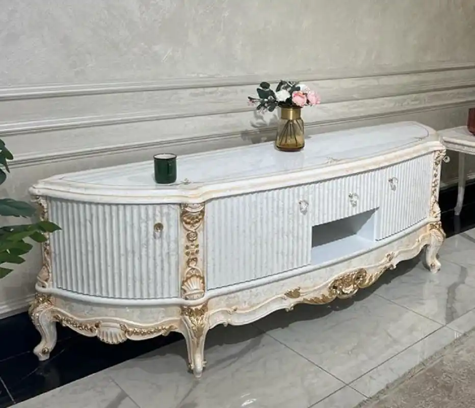 Solange Der Vorrat Reicht Casa Padrino armadio TV barocco di lusso bianco / oro - Magnifico credenza in legno massello con 4 ante e cassetto - Mobile da soggiorno barocco