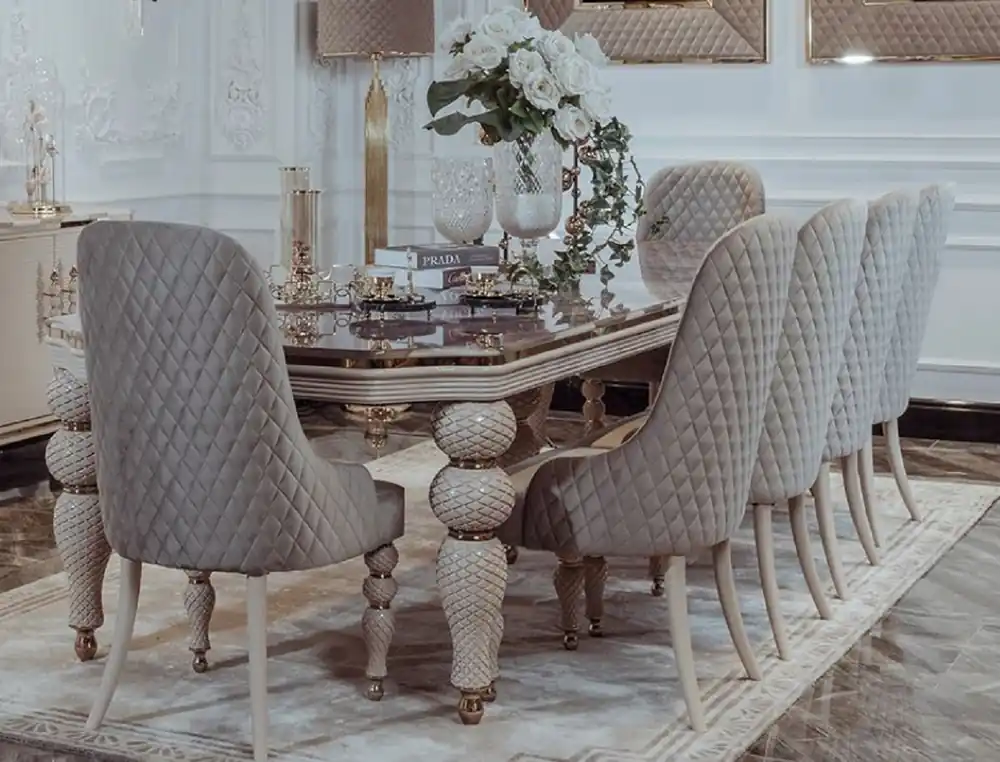 Casa Padrino set da sala da pranzo Art Deco di lusso grigio / bianco / oro - 1 Tavolo da Pranzo Art Deco con Piano e 8 Sedie da Pranzo Art Deco - Mobili da Pranzo Art Deco Markenware
