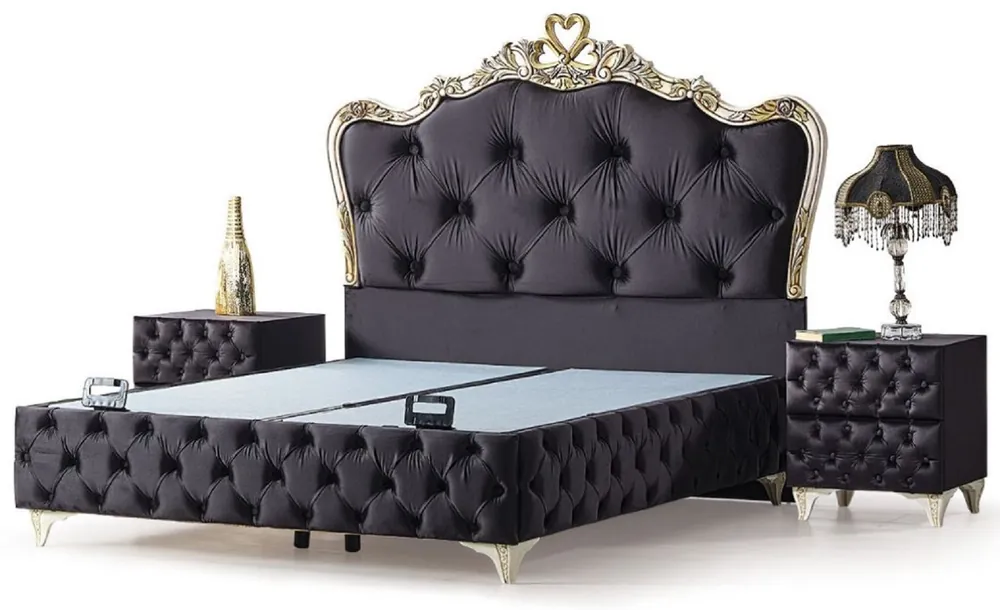 Nur Heute Casa Padrino set di mobili per camera da letto barocco di lusso nero / crema / oro - Varie Misure - 1 Letto Matrimoniale Barocco e 2 Comodini Barocco - Mobili per Camera da Letto e Hotel Barocco
