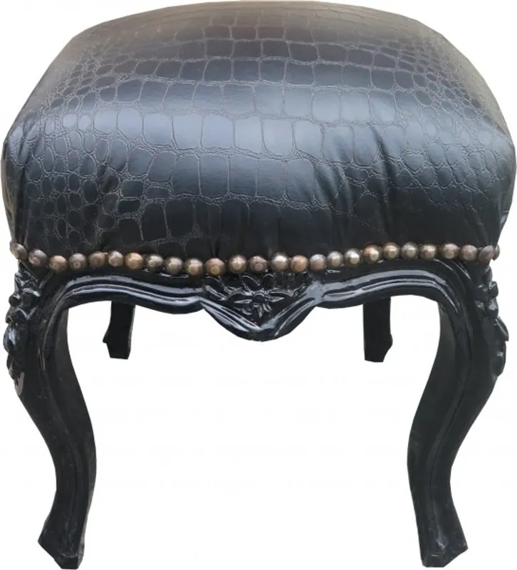 Sofort Bestellen Casa Padrino barroco del pie heces negras / Negro Croco de cuero altura del aspecto 40 cm, ancho 35 cm - muebles barrocos