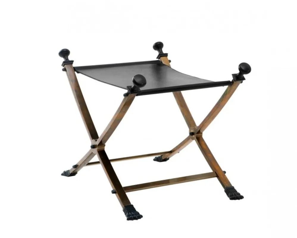 Latón Casa Padrino heces de lujo de la vendimia con cuero negro de 61 x 46 x H. 48 cm - Edición limitada Top-Seller