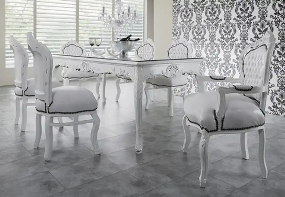 Geprüft Casa Padrino barroco cena conjunto blanco / blanco - mesa de comedor de 180 cm + 6 sillas