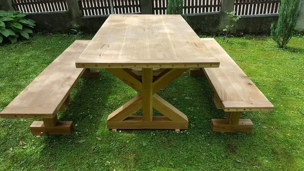 Casa Padrino Juego de muebles de jardín - Mesa rústica + 2 bancos de jardín (Longitud: 200 cm) - Madera maciza de roble - muebles de madera maciza sólida Nur Heute