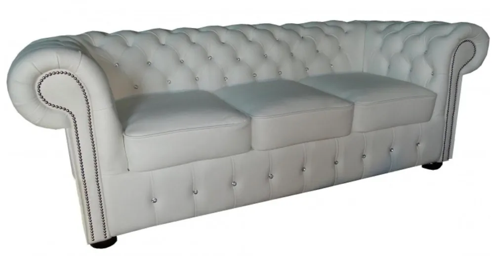 Casa Padrino Chesterfield sofá de 3 plazas de cuero genuino en blanco con piedras brillantes 200 x 90 x H. 78 cm - Muebles de Lujo Sonderangebot