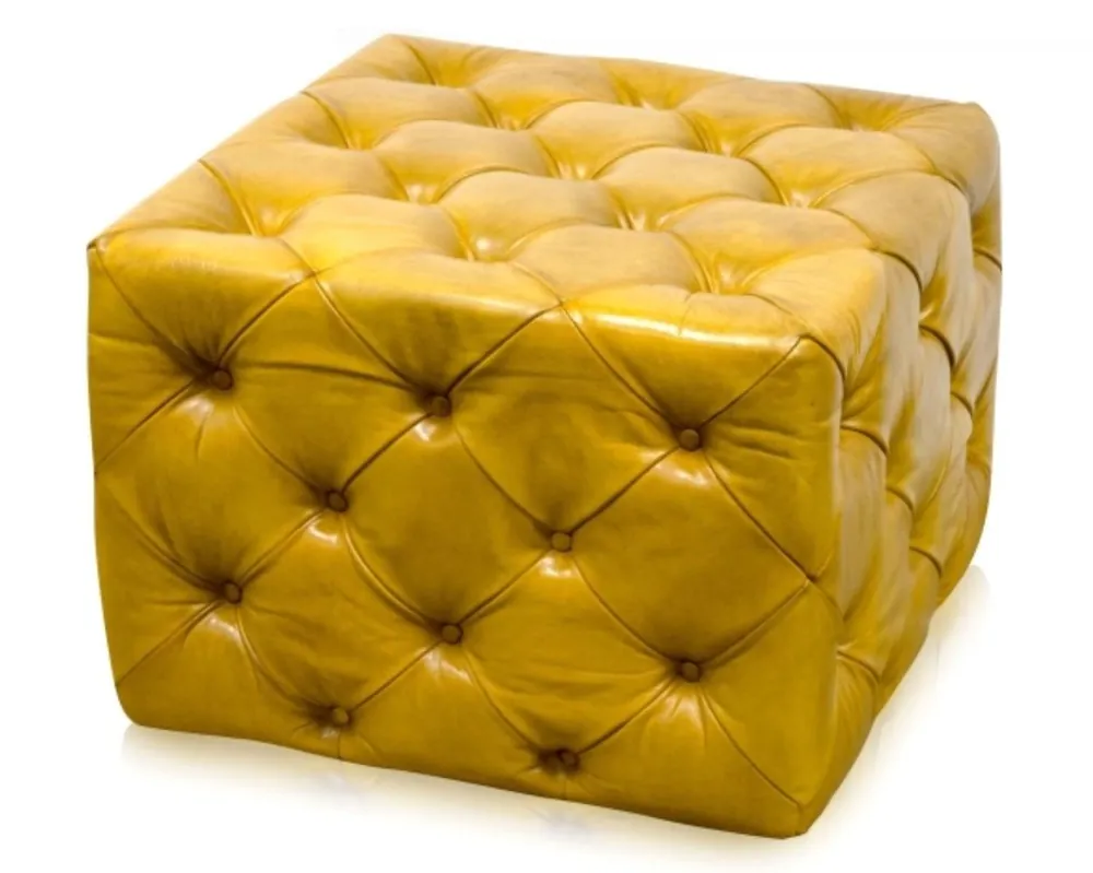Versand Am Gleichen Tag Casa Padrino reposapiés de cuero genuino de lujo vintage amarillo 64 x 64 x H. 46 cm - Muebles Chesterfield