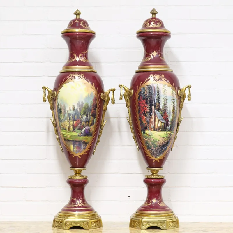 Letzte Chance Casa Padrino Floreros Art Deco Rojo Burdeos / Oro 30 x H. 100 cm - Floreros de Porcelana de Estilo Barroco