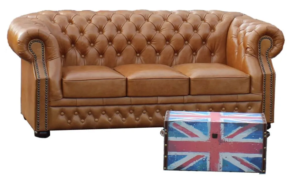 Casa Padrino lujo genuino cuero sofá 3 plazas marrón claro 210 x 90 x H. 80 cm - Sofá Chesterfield Preisreduziert