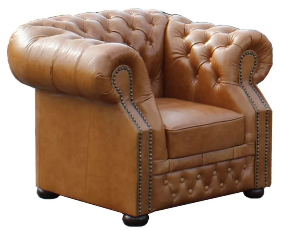 Casa Padrino sillón de cuero genuino marrón claro 120 x 90 x H. 80 cm - Sillón Chesterfield Neu