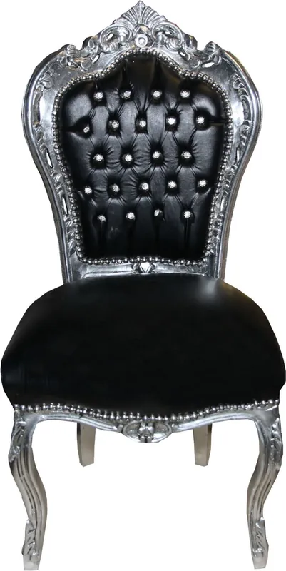 Silla de comedor barroca Casa Padrino en piel negra / plata con diamantes de imitación Bling Bling - edición limitada Preis Gesenkt