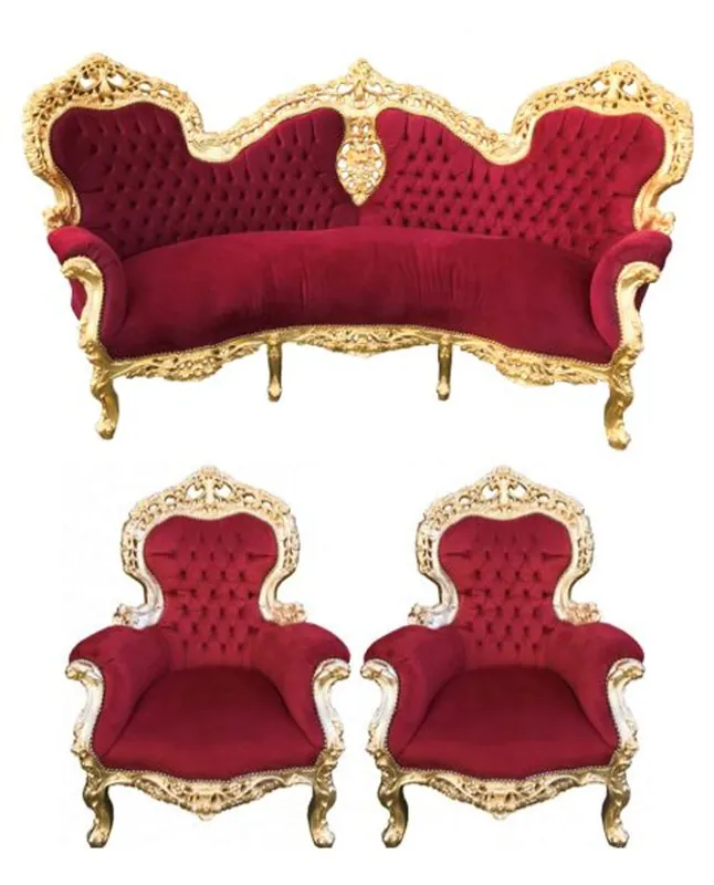Sofá barroco Casa Padrino Adorne Bordeaux / Gold + 2 Sillones - Living Baroque - Edición limitada Heißes Angebot