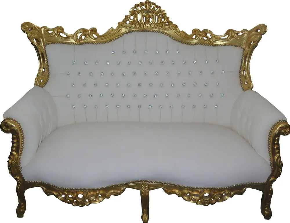 Sofá barroco de 2 plazas Barroco Casa Padrino Look de cuero blanco / oro con pedrería Bling Bling - Muebles de estilo antiguo - Edición Limied Heißes Angebot