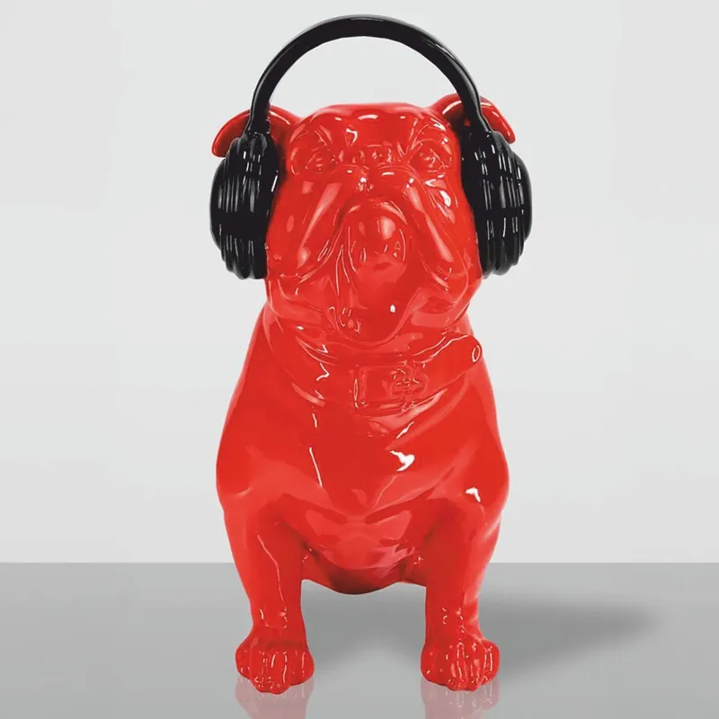 Neu Casa Padrino escultura decorativa perro bulldog con auriculares rojo / negro A. 120 cm