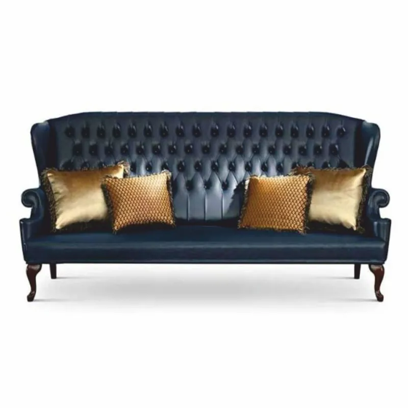 Online Kaufen Casa Padrino Sofá Barroco Chesterfield de Lujo con Respaldo Alto de Cuero Azul / Marrón Oscuro 220 cm - Hecho en Italia