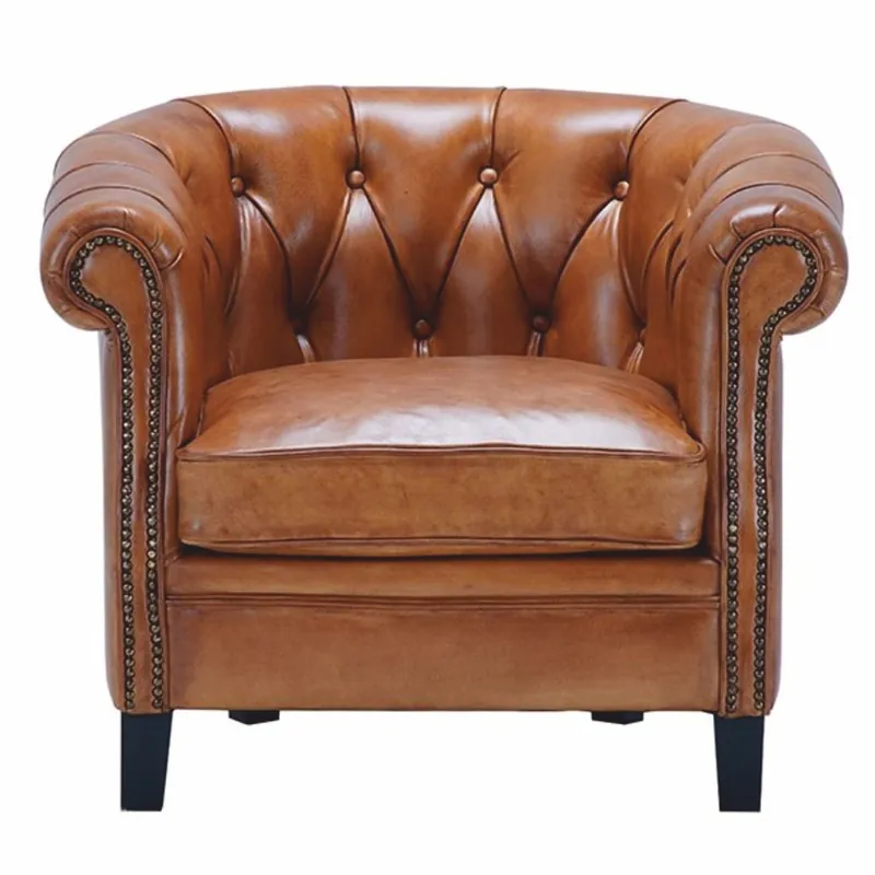 Preisknaller Casa Padrino sillón Chesterfield de lujo de cuero genuino marrón claro / negro - Muebles de cuero genuino