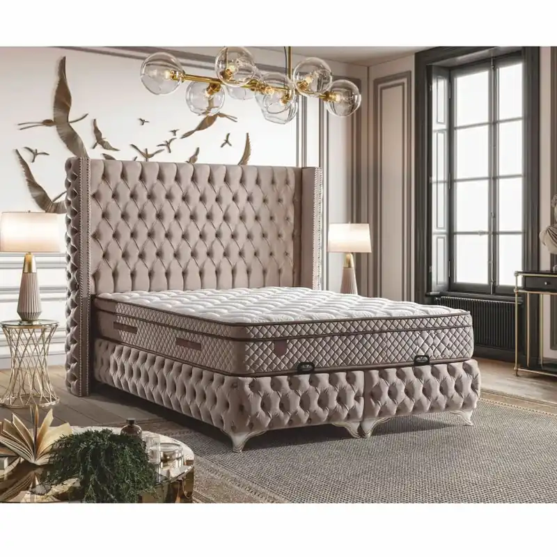 Casa Padrino Cama Doble de Terciopelo Chesterfield de Lujo con Colchón Greige / Blanco / Oro - Varios Tamaños Sonderangebot