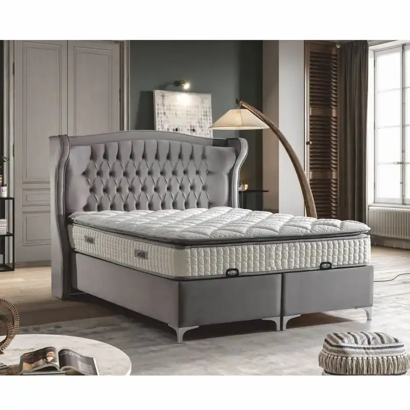 Solange Der Vorrat Reicht Casa Padrino Cama Doble de Terciopelo Chesterfield de Lujo con Colchón Gris / Plata - Varios Tamaños