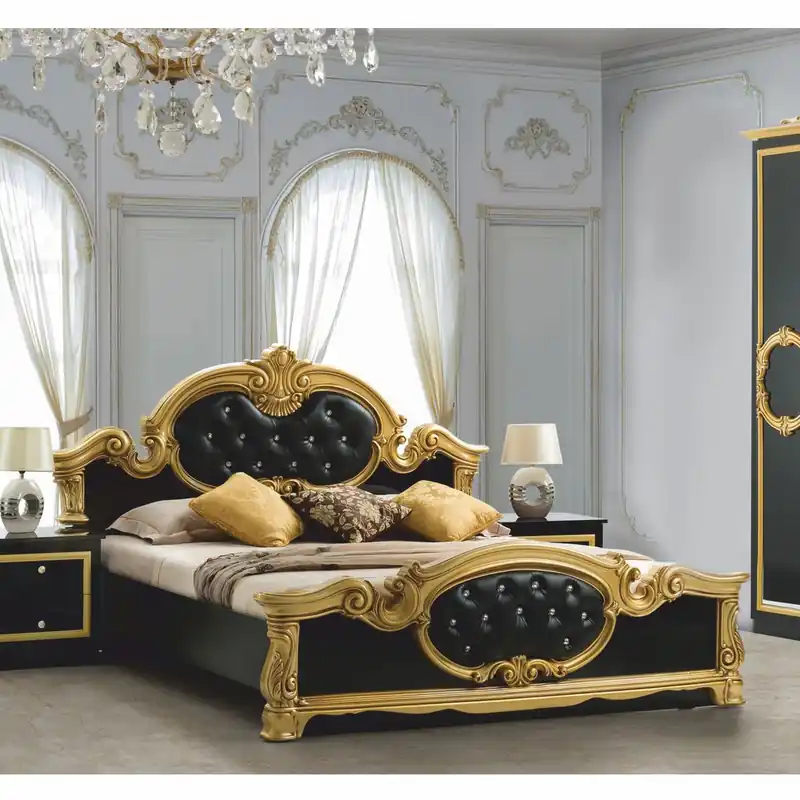 Casa Padrino cama doble barroco de lujo con pedrería negro / oro - Muebles de dormitorio Schnäppchen