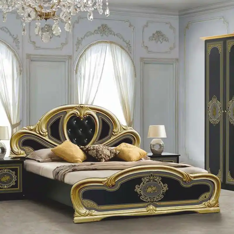 Casa Padrino cama doble barroco de lujo con pedrería negro / gris / oro - Muebles de dormitorio Kracherpreis