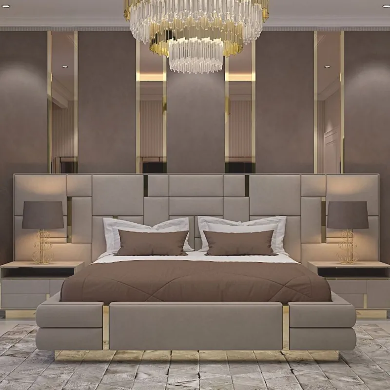 Echt Casa Padrino cama doble de lujo gris / oro - Muebles para hoteles y dormitorios de lujo