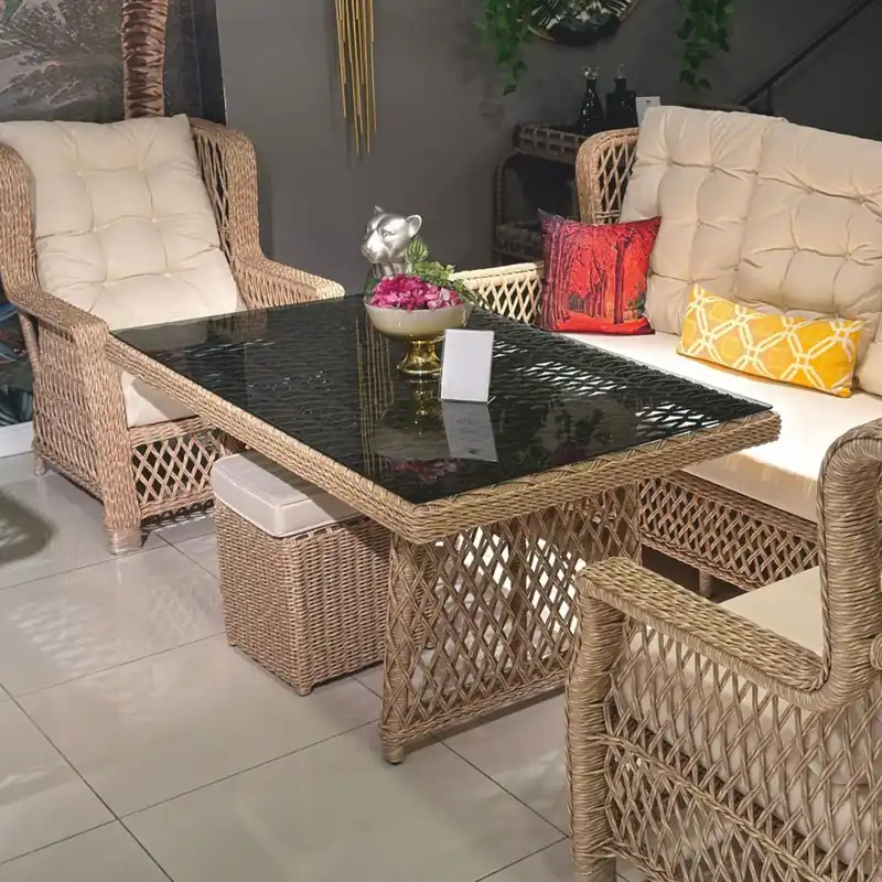 Top-Preis Casa Padrino mesa de comedor de jardín de lujo de ratán con tablero de vidrio natural / gris 200 cm