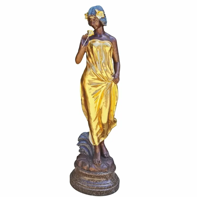 Casa Padrino escultura de latón decorativa de jardín Art Nouveau mujer con flor oro / bronce / negro A. 180 cm Billig