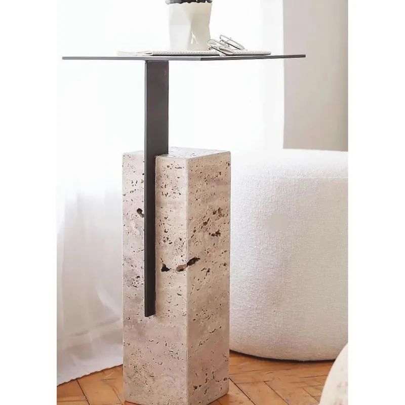 Casa Padrino mesa auxiliar de travertino de lujo con tablero de metal beige / negro A. 70 cm Kracherpreis