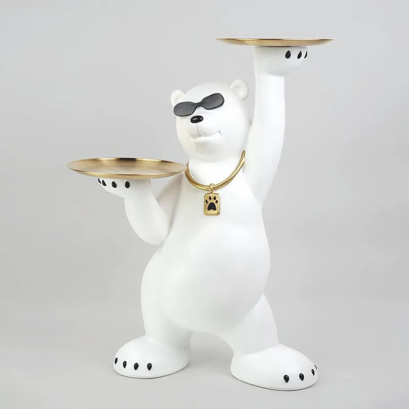Knallerangebot Casa Padrino figura decorativa oso con 2 bandejas blanco / negro / oro A. 78 cm - Escultura decorativa
