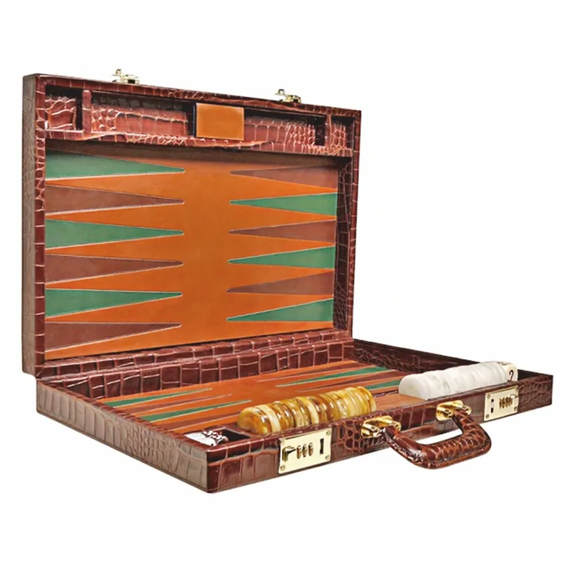 Casa Padrino Maletín de Backgammon de Lujo en Piel Genuina Cocodrilo óptico Marrón - Accesorios de Lujo Markenware