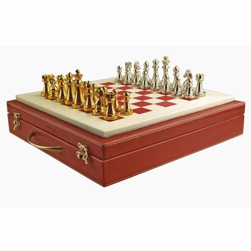 Must-Have Casa Padrino Maletín de Ajedrez de Lujo de Cuero Genuino Rojo 40 x 40 cm - Accesorios de Lujo