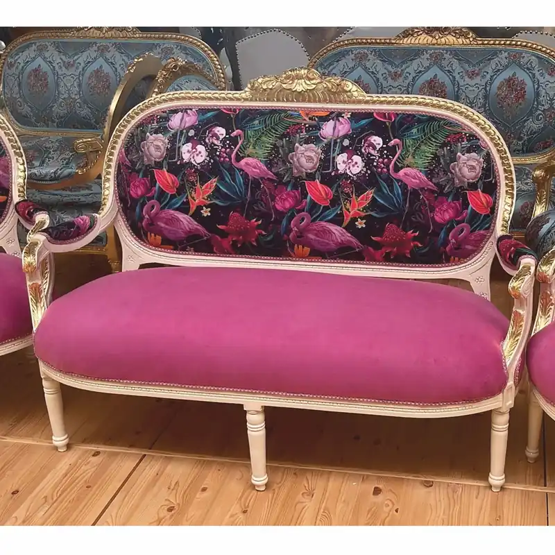 Abverkauf Casa Padrino Sofá Barroco de 2 Plazas Rosa / Colorido / Blanco / Oro 150 cm - Muebles Barrocos