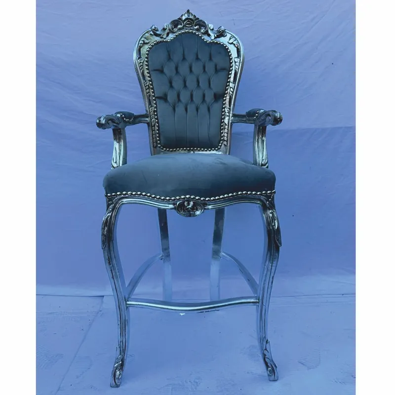 Must-Have Casa Padrino silla de bar barroco con reposabrazos de terciopelo con reposabrazos gris / plata - Muebles de bar barrocos