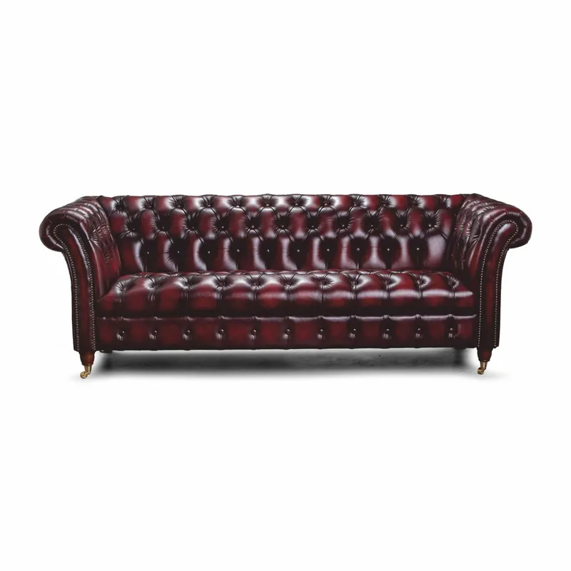 Echt Casa Padrino Sofá de 2 Plazas de Cuero Chesterfield de Lujo Rojo Vino Oscuro / Latón 200 cm - Muebles de Cuero