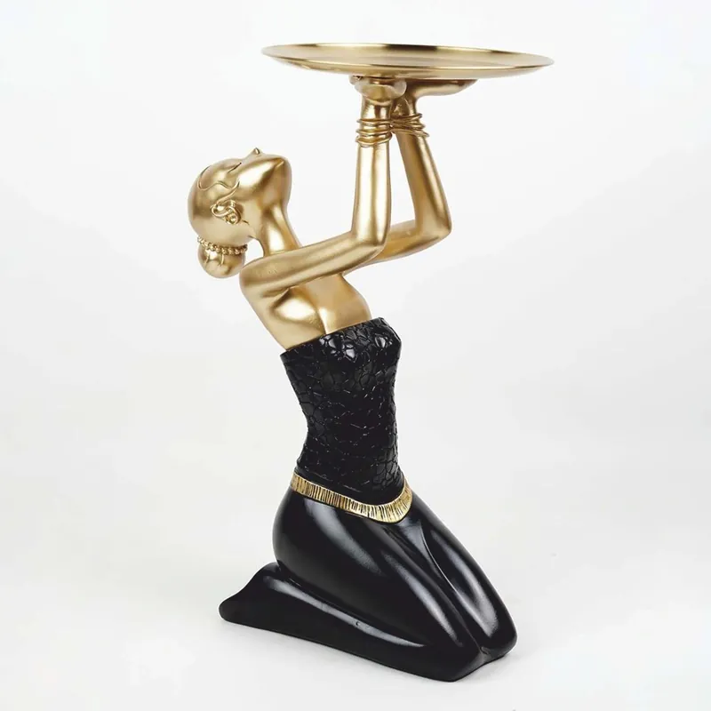 Casa Padrino figura decorativa dama con bandeja negro / oro A. 66 cm - Escultura decorativa Nur Für Kurze Zeit